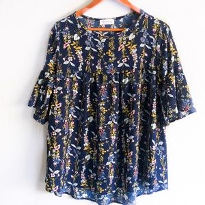 Floral Over Sized Top with Shirt Bell Sleeves